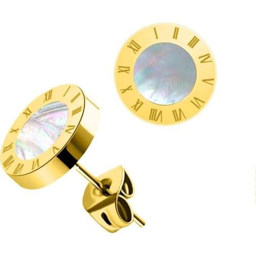 Roman numerals round color shell face wild titanium steel earrings Japanese and Korean version earrings girlfriends trendy earri