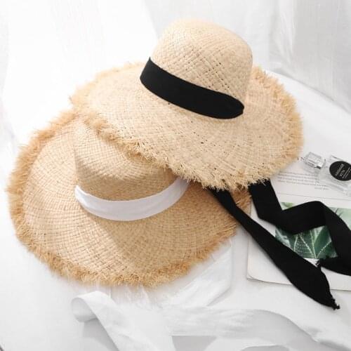 Fashion Womens Weave Raffia Straw Hat Summer Wide Brim 9-11CM Sunhats With Ribbon Outdoor Holiday Flat Round Top Beach Hat