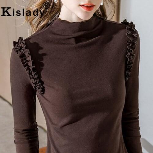 Kislady Turtleneck Sexy OL Solid Shirt High Street Long Sleeve Ruffles Patchwork Shirt Korean Harajuku Tops Fashion Clothes