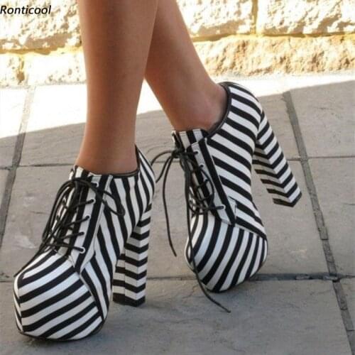 Ronticool Handmade Women Platform Ankle Boots Lace Up Block Heel Round Toe Black White Zebra Party Shoes Plus US Size 5-20