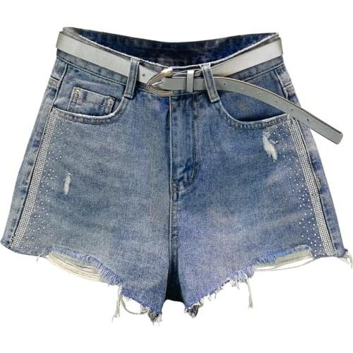 Women Diamonds Denim Shorts 2021 Summer New High Waist Loose Burrs Wide Legs Pants Jean Shorts Students Fashion Hot Pants G927