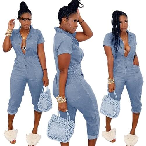 Buttons Up Summer Bandage Denim Jumpsuits For Women Turn Down Collar Short Sleeve Outfit Casual Semi-Elastic Waist Party Romper