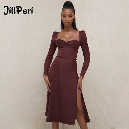 JillPeri Elegant Square Collar Birthday Midi Dress Sexy Cut Out Satin Slit Celebrity Red Outfits Party Long Sleeve Dress Women