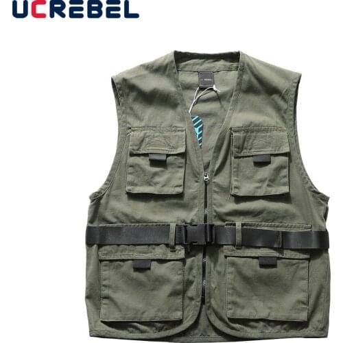 Multi-Pocket Cargo Vests Mens Streetwear Adjustable Photograph Vest High Street Casual Loose Sleeveless Jacket Men