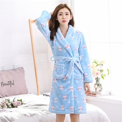 Winter Warm Print Sleepwear Flannel Women Nightdress Kimono Bathrobe Gown Soft Intimate Lingerie Coral Fleece Home Clothes