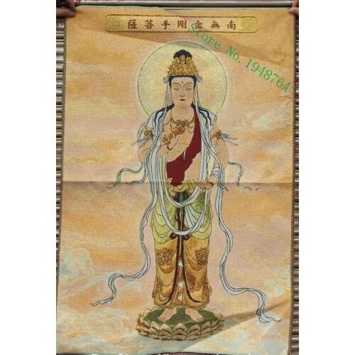 36 inch Chinese Silk embroidery Kwan-yin Vajrapani Boddhisattva Thangka Paintings Mural
