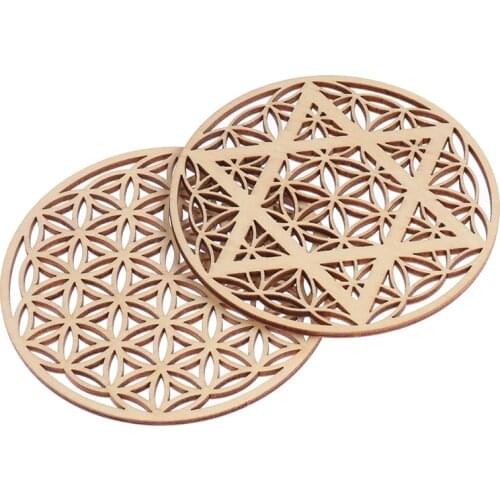 5pcs Creative Log Color Chakra Pattern Coaster Wood Round Edge Circles Carved Coaster Flower Of Life Natural Symbol Decor