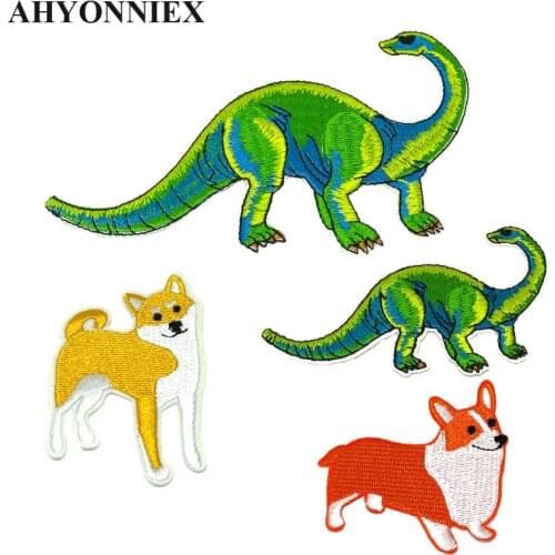 AHYONNIEX 5pcs/lot Embroidered Dinosaur Corgi Shiba Patches Clothes Bags DIY Cute Dog Applique Parches Iron On Patch for Clothes