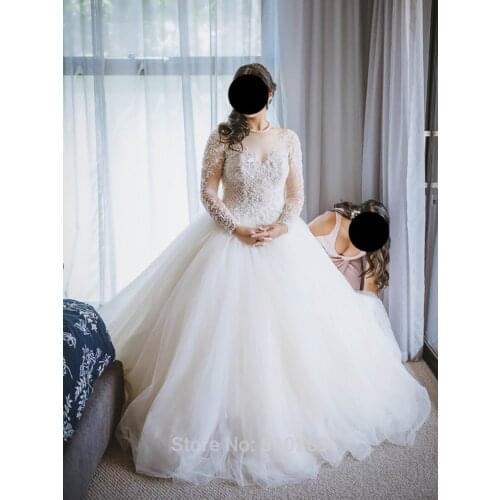 Ball Gown Wedding Dress Long Sleeves Illusion Sweetheart Floral Lace Appliques Bridal Gowns Tulle Low Back Custom Made
