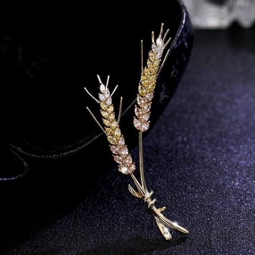 OKILY Elegant Plant Wheat Brooches for Women Pave Shiny Yellow Zircon Grain Brooch Pin Casual Office Coat Broch Pins Gifts