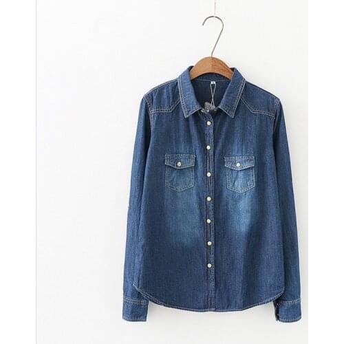 Autumn Women Lapel Button Blue Long Sleeves Denim Jean Shirts Pocket Slim Jeans tops Blouse Plus Size blusas mujer