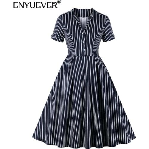 Enyuever Black White Striped Dress Women Clothing Cotton Short Sleeve Robe Femme Pin Up Elegant Vintage Dresses 50s 60s Retro