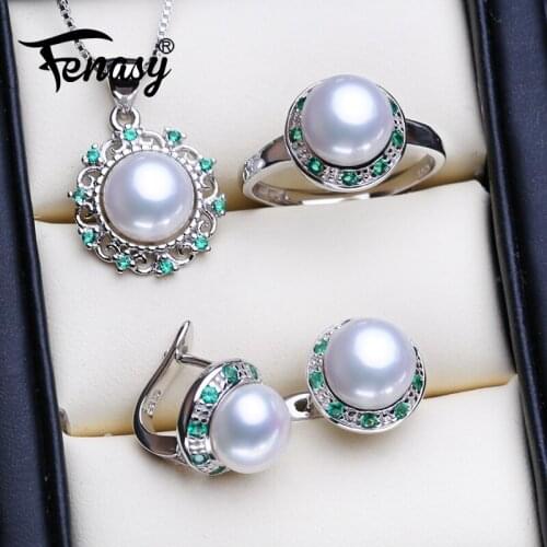 FENASY Luxury Pearl Jewelry Sets 925 Sterling Silver Green Crystal Natural Freshwater Pearl Earrings Necklace Ring For Women