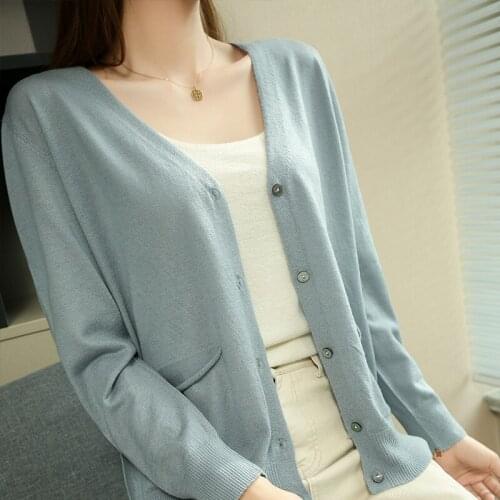 100% Worsted Wool Women Cardigan V-neck Single Breasted Loose Plus Size Thin Sweaters Ladies Solid Long Sleeve Knitted Cardigans