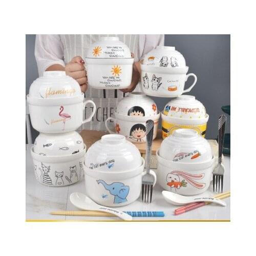 Ceramic Instant Noodle Bowl Japanese-style Large Cute Porcelain Bowl Cartoon Covered Tableware Student Dormitory with Single