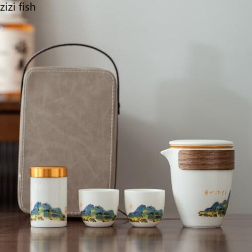 Modern Painted Mountain Peak Ceramic Teapot TeaCup Storage Travel Tea Set Portable Outdoor Tea Caddy TeaCup Gift Home Decoration