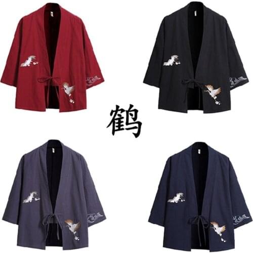 Kimono Cardigan Japanese Style Men Samurai Haori Clothing Crane Embroidery Traditional Vintage Yukata Asian Clothes Women