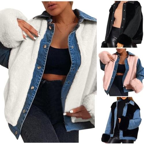 Fashion Womens Autumn Jacket Loose Single Breasted Lapel Plush Denim Stitched Warm Jacket 2021 Streetwear джинсовка женская
