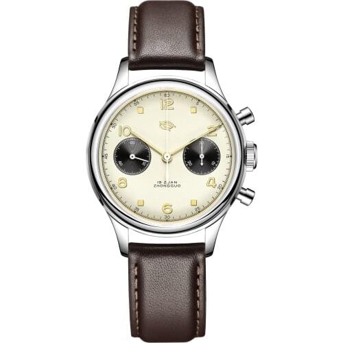 Men Luxury 38mm 1963 Military Aviator Chronograph Watch Seagull ST1901 Movement Brown Green Blue Dial Leather Strap Wristwatch