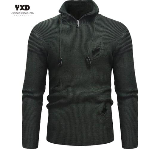 Men clothes Man Pullover Sweater Mens clothing Mans Sweaters Jumper Man Cotton Half zipper fashion stripe holes Knitted Sweater