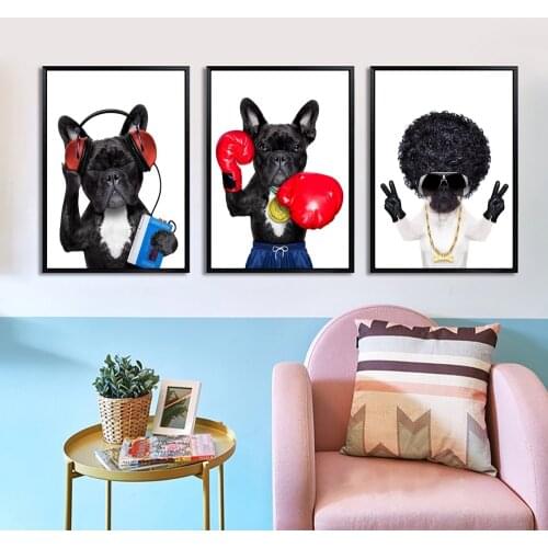 Funny Animal Pet Bulldog Nordic Canvas Art Prints Black White Painting Wall Picture for Children Living Room Decor