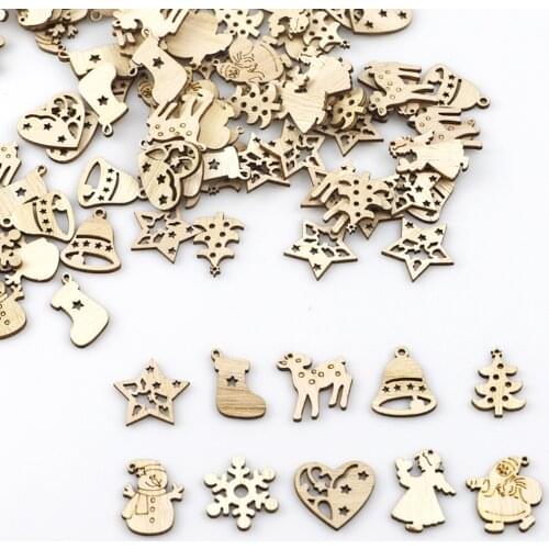 50PCS Unfinished Wood Christmas Ornaments Mini Size Snowflakes, Bell, Deer, Trojan Horse, Christmas Tree Shaped Embellishments