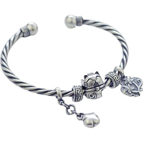 BOCAI New Real s990 sterling silver woman bracelet braided twist bracelet safe and wealthy lucky cat detachable