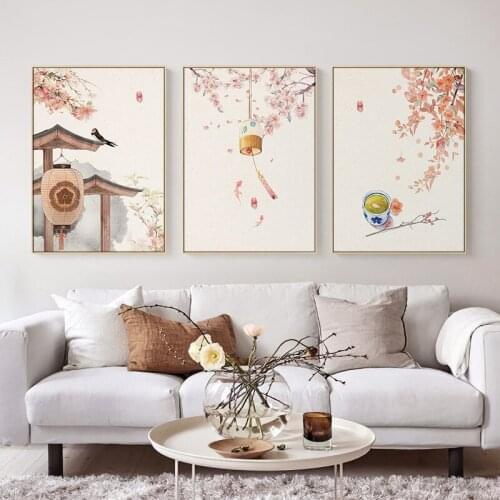 Japanese Style Landscape Posters Flowers Trees and Chimes Canvas Painting Prints Wall Art Pictures for Living Room Home Decor