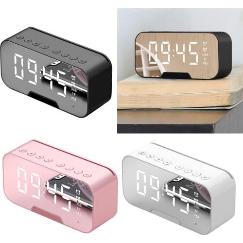 Poratable Wireless Bluetooth 5.0 Speaker Subwoofer FM Radio Mirror LED Digital Dual Alarm Clock USB Rechargeable Home