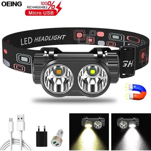 LED Double Headlamp White Yellow XPE Dual Headlight USB Rechargeable Magnet Portable Head Torch Built-in Battery Fishing Running