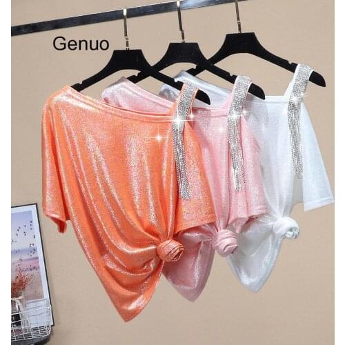 Loose Tshirt Woman Short Sleeve T-shirt Womens New Summer Fashion Off-Shoulder Diamond Tassel Tshirt Top Lady Loose T-shirt