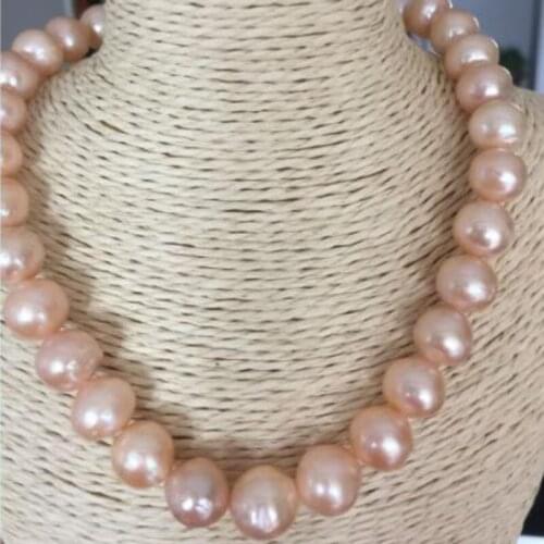 Gorgeous huge 12-14mm round freshwater gold pink pearl necklace 18inch 925silver