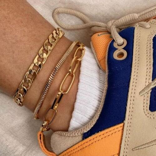 VKME 3Pcs/ Set Multi-layer Gold Color Chains Anklets For Women Snake Link Chain Bohemian Summer Beach Ankle Bracelet Jewelry