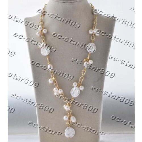 Z11244 22" 20mm Coin Round Rice White Freshwater Pearl Necklace Pendant Chain Woman Fashion Jewelry
