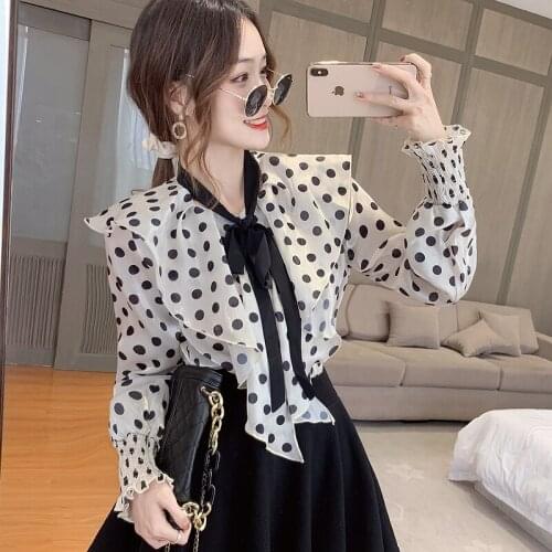 2021 design sense led lotus leaf chiffon shirt lantern sleeve western style retro wave dot niche blouse female