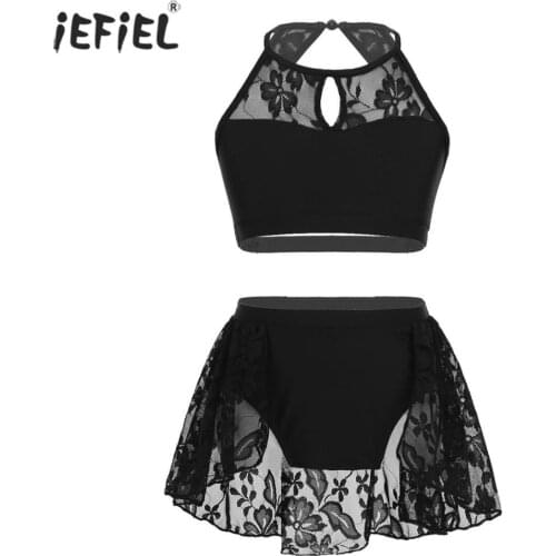 Girls Halter Hollow Ballet Gymnastics Leotards Teens Contemporary Lace Spliced Crop Top Bottoms Stage Dance Costumes 2pcs Set