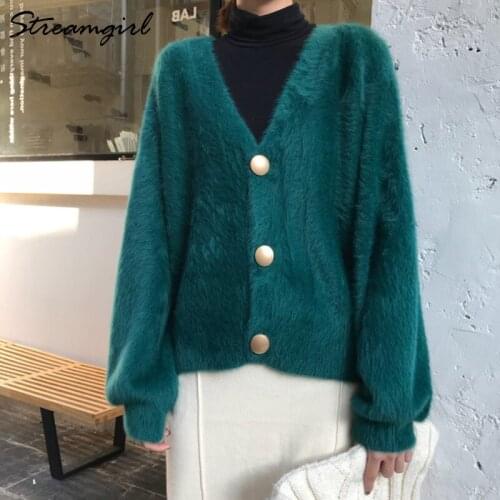 Womens Fluffy Cardigan Knitted With Buttons Spring Autumn V Neck Fashion White Sweater Cardigan For Women Knitted Jacket 2021