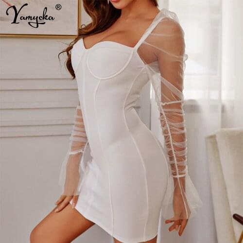 Sexy Black White Mesh Long sleeve Summer dress women vintage night club party dresses elegant bodycon woman Dress vestidos 2021