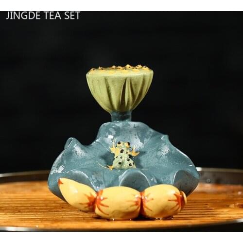 1PCS Yixing Handmade Purple Clay Tea Pet Frog Lotus Leaf Lotus Seed Model Ornaments Home Tea Set Decoration Accessories Crafts