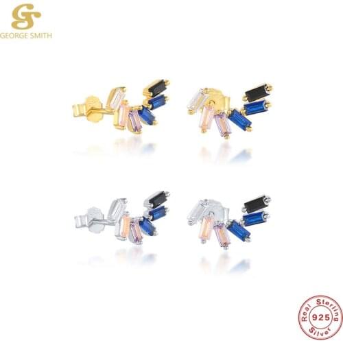 GS 925 Sterling Silver Gold Crystal Leaf Branch Stud Earrings Women Ear Climber Arc Shape Piercing Earring Ohrringe Pendiente