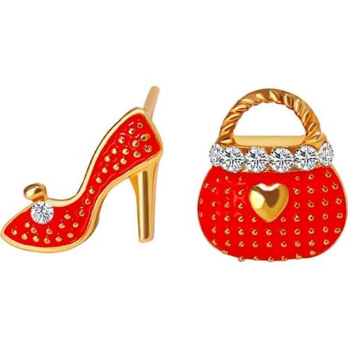 New Design Red Green White Pink Crystal Asymmetrical OL Bag & High Heels Stud Earrings for Women
