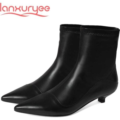 Lanxuryee stretch boots cow leather korean street pointed toe thin med heel slip on office lady daily wear basic ankle boots L62
