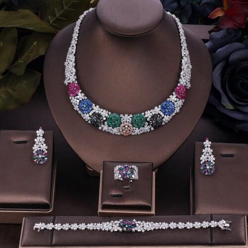 Janekelly 4pcs Bridal Zirconia Full Jewelry Sets For Women Party, Luxury Dubai Nigeria CZ Crystal Wedding Jewelry Sets