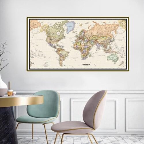 120*58cm The Retro World Map with Details Canvas Painting Vintage Wall Art Poster Children School Supplies Classroom Home Decor