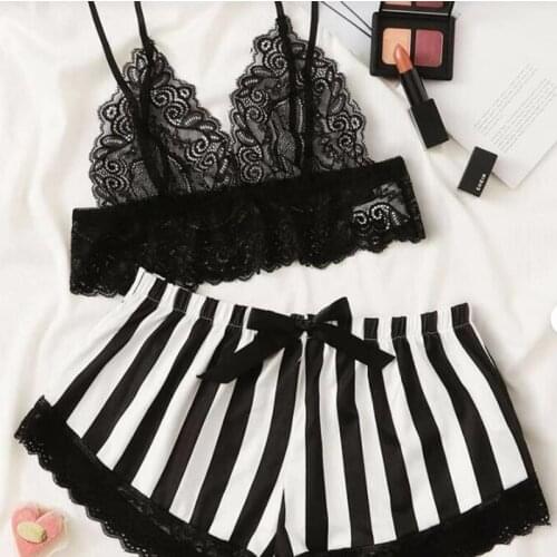 Lingerie Set Sexy Underwear Homewear Femme Lace V Neck Sling Striped Bow Two Piece Sleepwear Fashion Women lencria sexy mujer