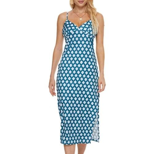 Summer Beach Maxi Dress Women Long Chiffon Dress Plaid Pattern Suspender Sleeveless V Neck Elegant Split Sexy Party Dress Robe