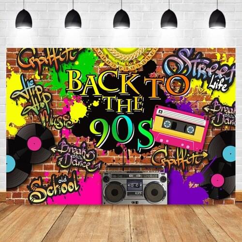 Mocsicka Back to The 90s Backdrop Graffiti Brick Wall Hip Hop Birthday Party Photography Background Radio Record Photo Backdrops