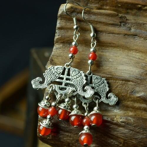 Fashion vintage dangle earrings,Tibetan Silver plated ethnic earrings,double fish red stone wedding earrings