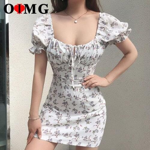 OIMG Backless Print Floral Dress Lady Square Collar Halter Slim Halter Sweet Fairycore Puff Sleeve Dresses France Style 10309