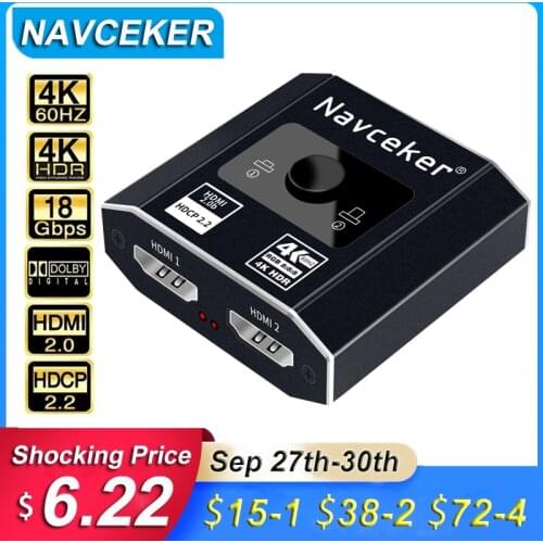 Navceker HDR HDMI Switcher 4K Bi-Direction 2.0 HDMI Switch 1x2/2x1 Adapter 2 in 1 out Converter for PS4 PS5 TV Box HDMI Splitter